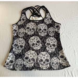 Skull Print Strappy Back Tank Top Gothic Workout Yoga Athleisure Plus 2XL